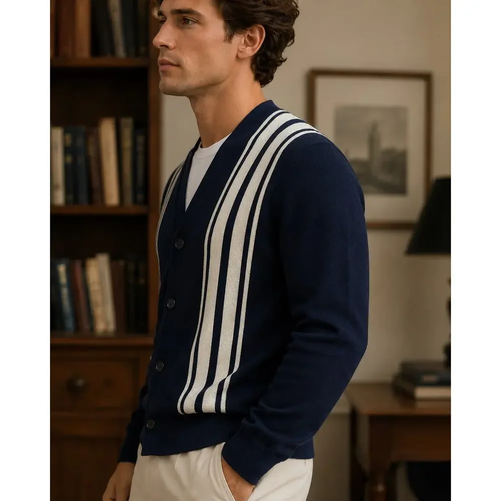 Quiet Luxury Sandro Paris Mens 100% Wool Navy Striped Cardigan Minimalist Preppy